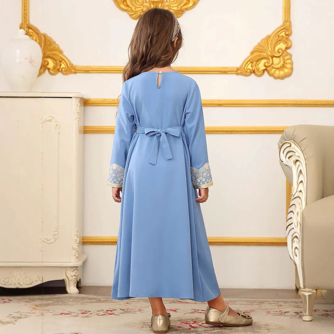 Turkish Style Girls Princess Dress Elegant Lace Trim Gown Kids Luxury Kaftan Dress Child Birthday Party Event Outfits Vestidos