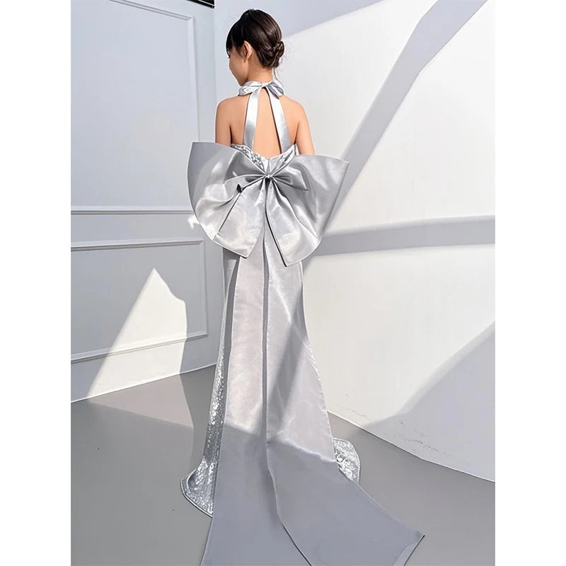 Silver Mermaid Girls Princess Dress Kids Luxury French Style Gown Sequin Host Performance Dresses Children Catwalk Show Vestidos