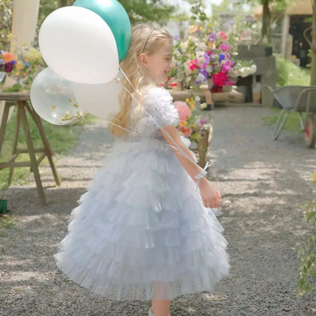 Blue Gradient Girls Party Dress Kids Sequin Layered Cake Skirt Children Princess Gown Birthday Wedding Formal Evening Vestidos