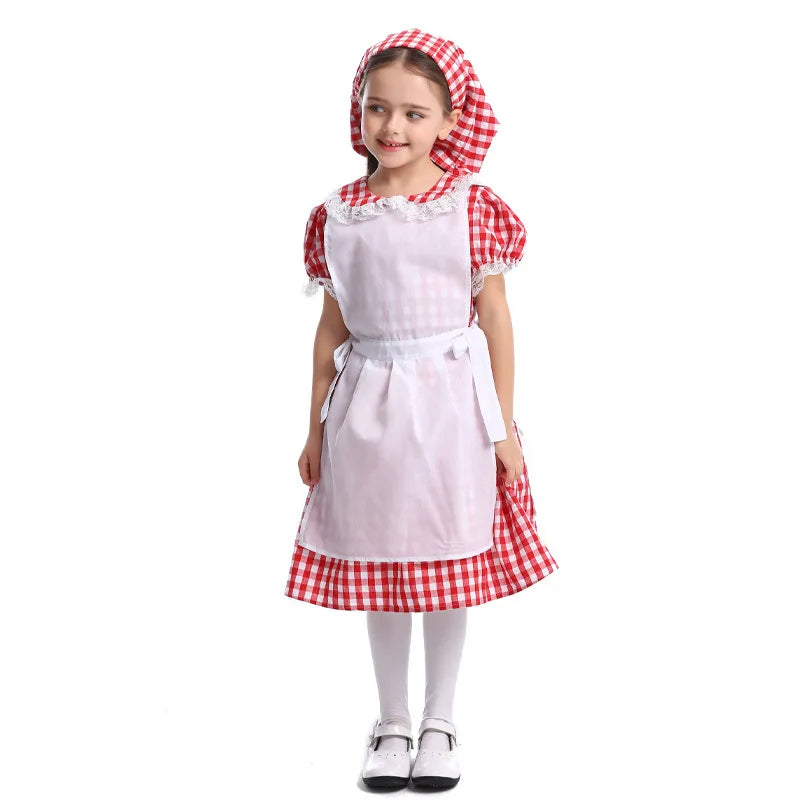 Retro American Farmhouse Girls Dress Kids Red Plaid Gingham Maid Costume Children Fairy Tale Role Play Halloween Party Outfits
