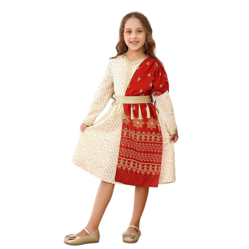 Ethnic Girls Princess Gown Luxury Red Tulle Dress Kids Elegant Formal Party Outfits Children Performance Wear Fashion Wear