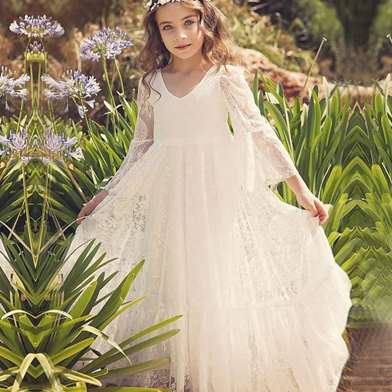 Elegant Lace Girls Princess Dress Long Sleeve Kids Flower Girl Wedding Gown Children Host Piano Performance Party Dress Vestidos