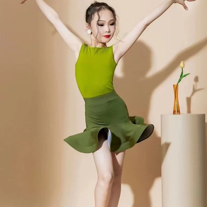 Girls Latin Dance Dress Kids Professional Sleeveless Dancewear Children Ballroom Performance Show Outfits for Little Girls