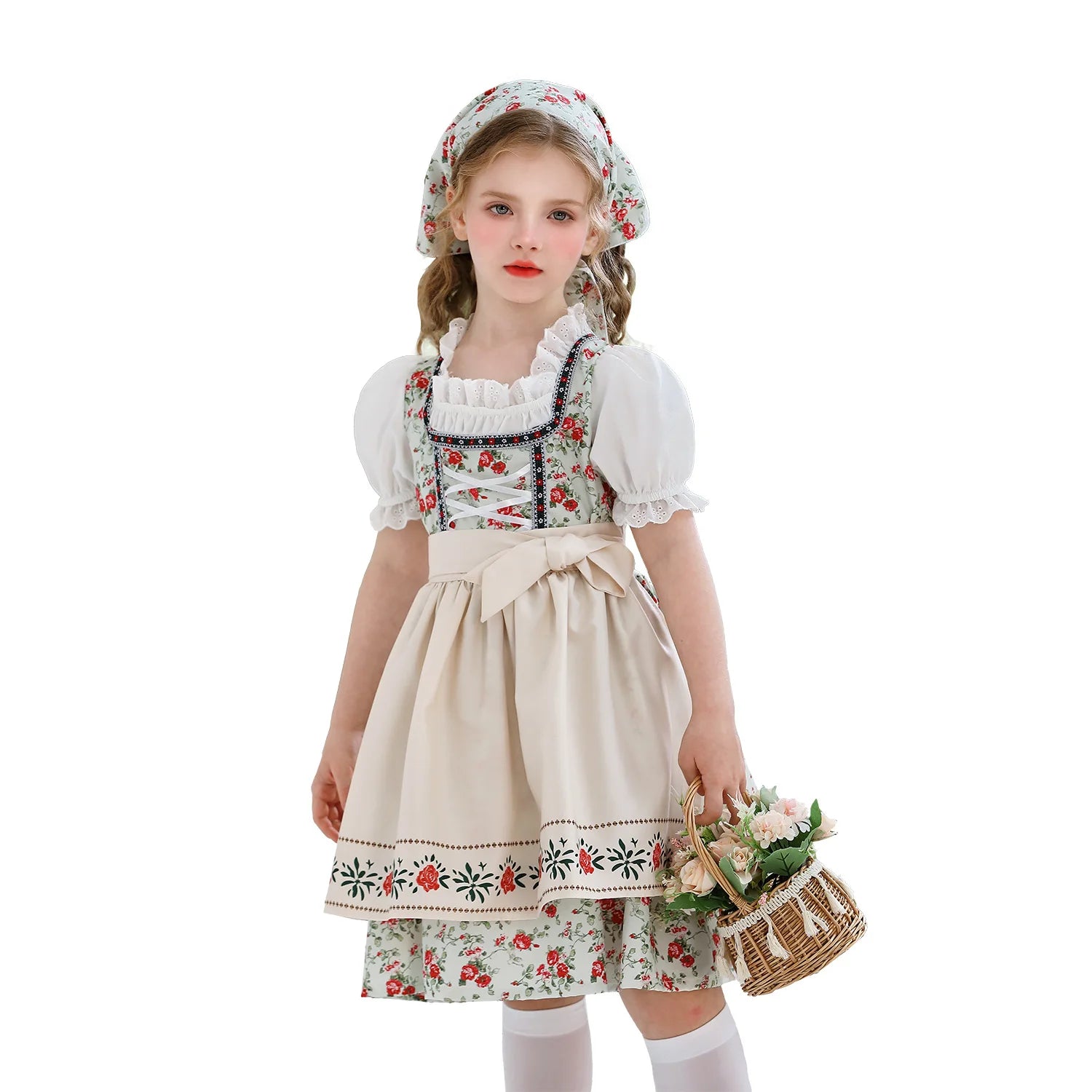 Vintage Pastoral Style Girls Dress with Apron Headscarf Kids Retro Farmhouse Maid Costume Children Stage Performance Clothing