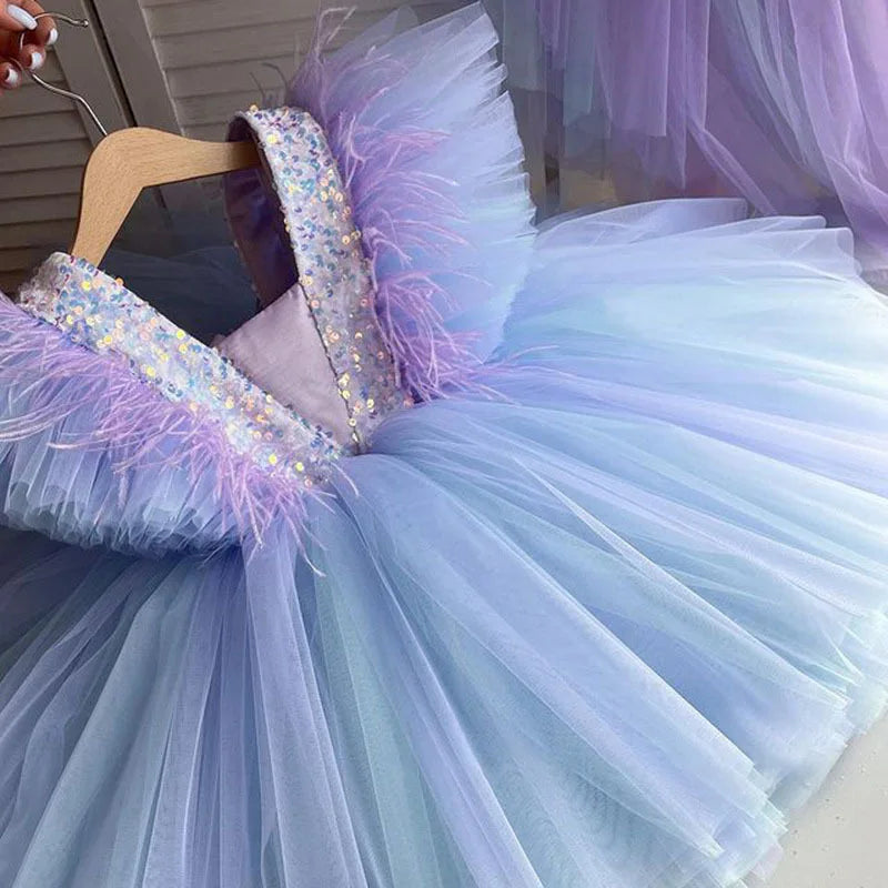 Girls Princess Dress Sequin Mesh Tulle Puffy Gown Kids Sweet Birthday Party Dress Baby 1st Birthday Performance Vestidos