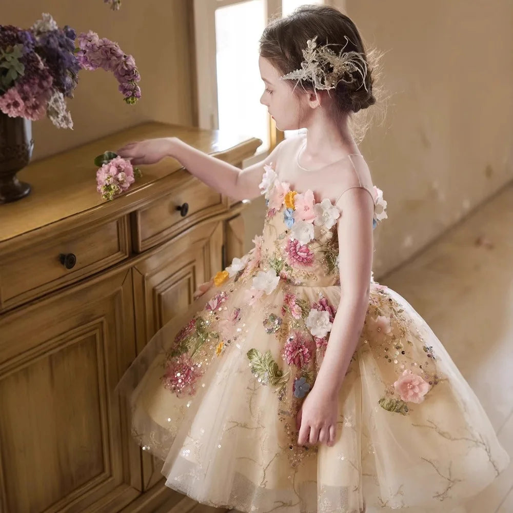 Luxury Flower Fairy Girls Princess Dress Kids Elegant Champagne Gown Children Host Piano Performance Show Dress Pageant Vestidos
