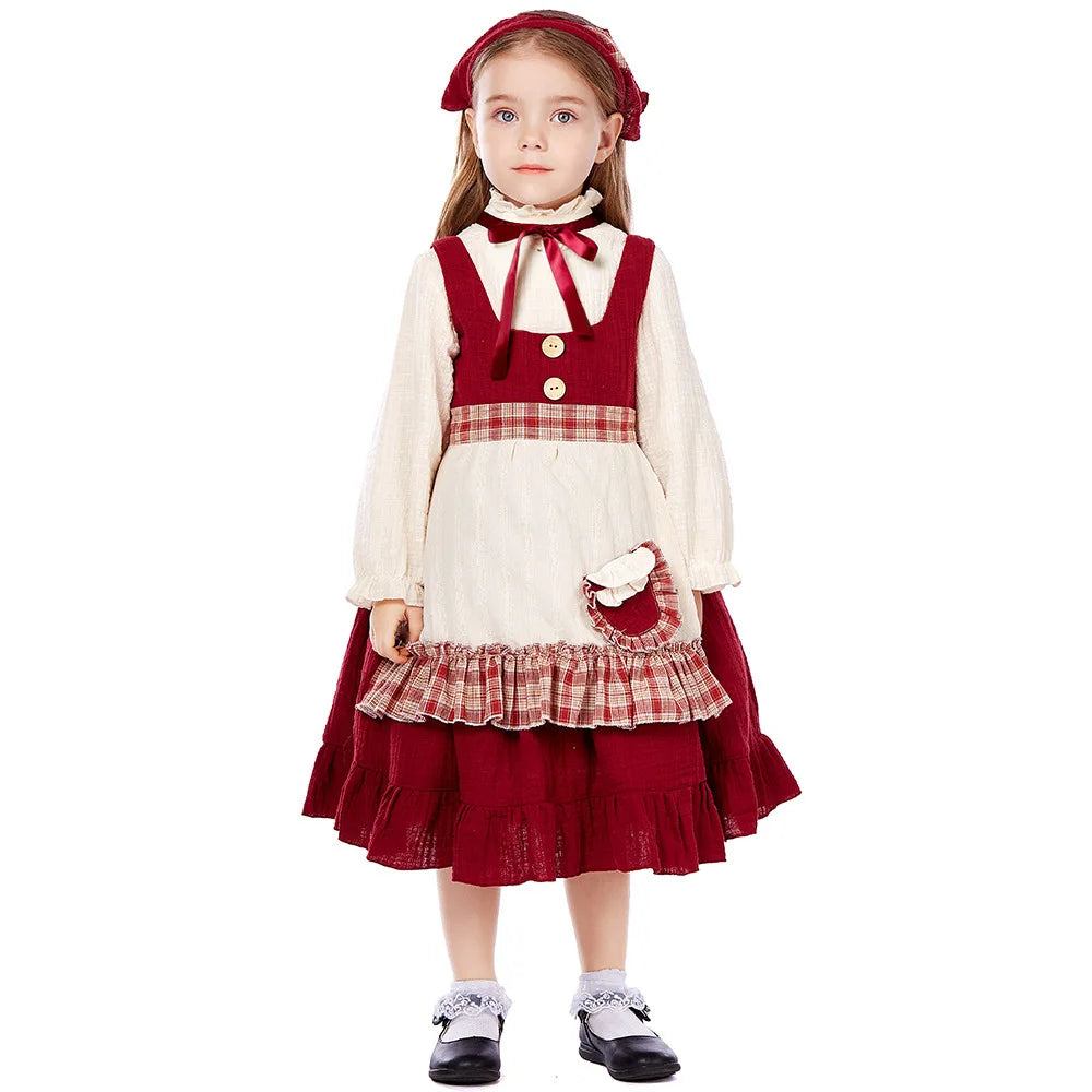 Red Little Match Girl Costume Kids Retro Lolita Maid Dress Children Fairy Tale Role Play Halloween Christmas Stage Performance