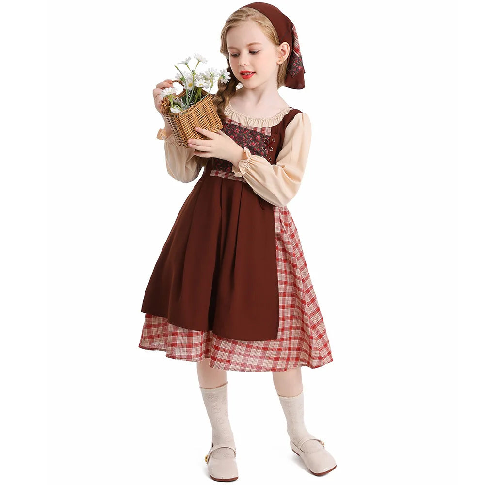Auburn Little Match Girl Costume Kids Retro European Peasant Dress Children Russet Maid Outfit Stage Performance Halloween Wear