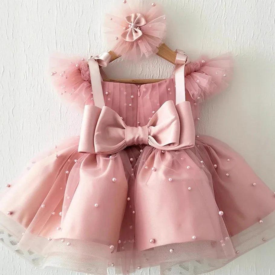 Sweet Pink Girl Princess Dress Pearl Beaded Mesh Tulle Puffy Gown Kids Luxury Sleeveless Party Dress Baby Birthday Event Outfits