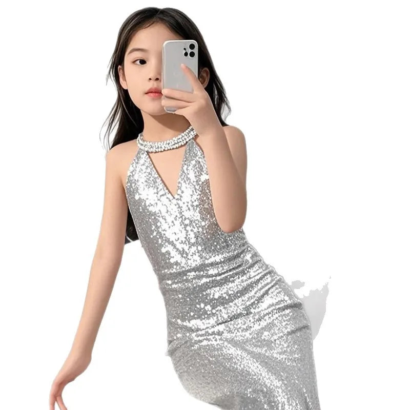 Silver Mermaid Girls Princess Dress Kids Luxury French Style Gown Sequin Host Performance Dresses Children Catwalk Show Vestidos