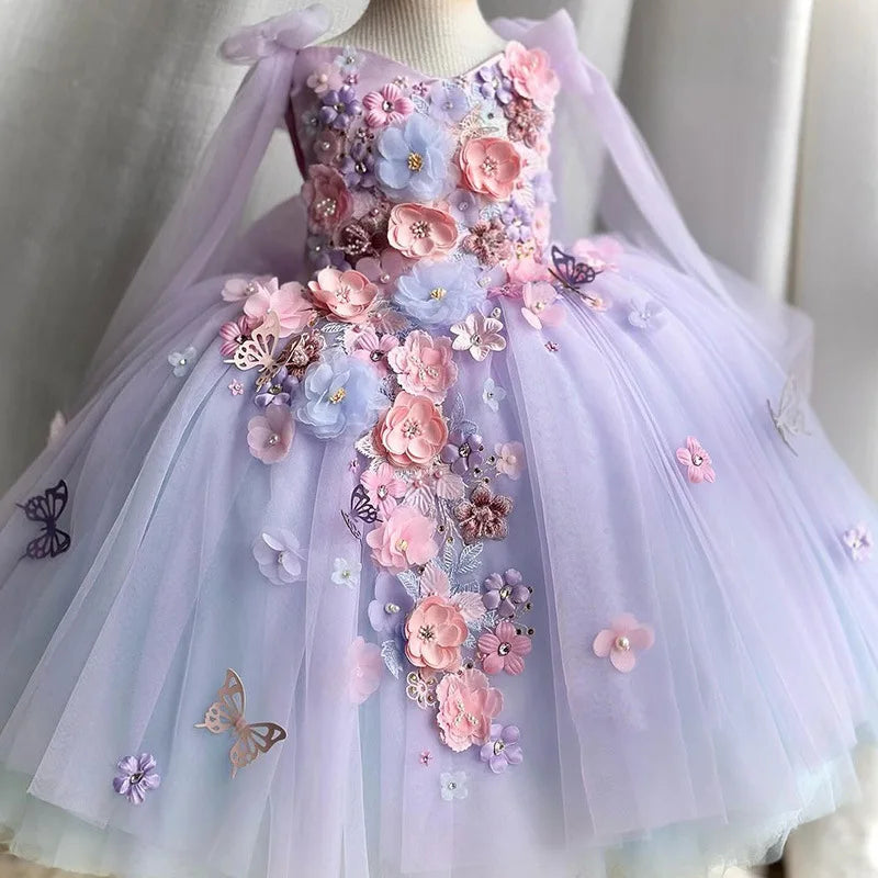 Girls Purple Tulle Dress Bow Princess Dress Kids Flower Girl Wedding Party Birthday Performance Gown