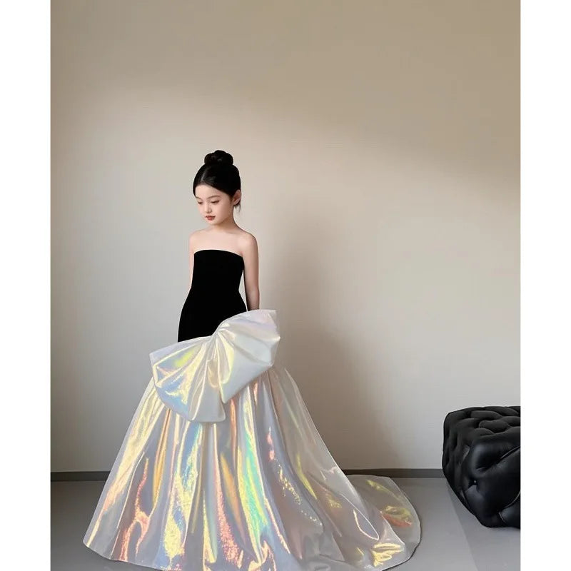Luxury Color Block Girls Princess Dress Kids Catwalk Show Gown Elegant Long Tulle Performance Dress Children Host Show Vestidos