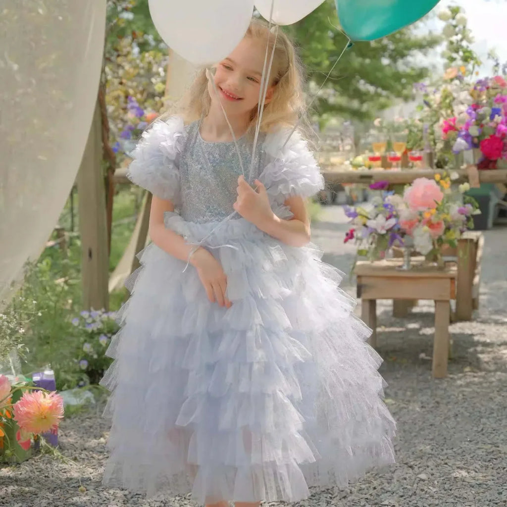 Blue Gradient Girls Party Dress Kids Sequin Layered Cake Skirt Children Princess Gown Birthday Wedding Formal Evening Vestidos