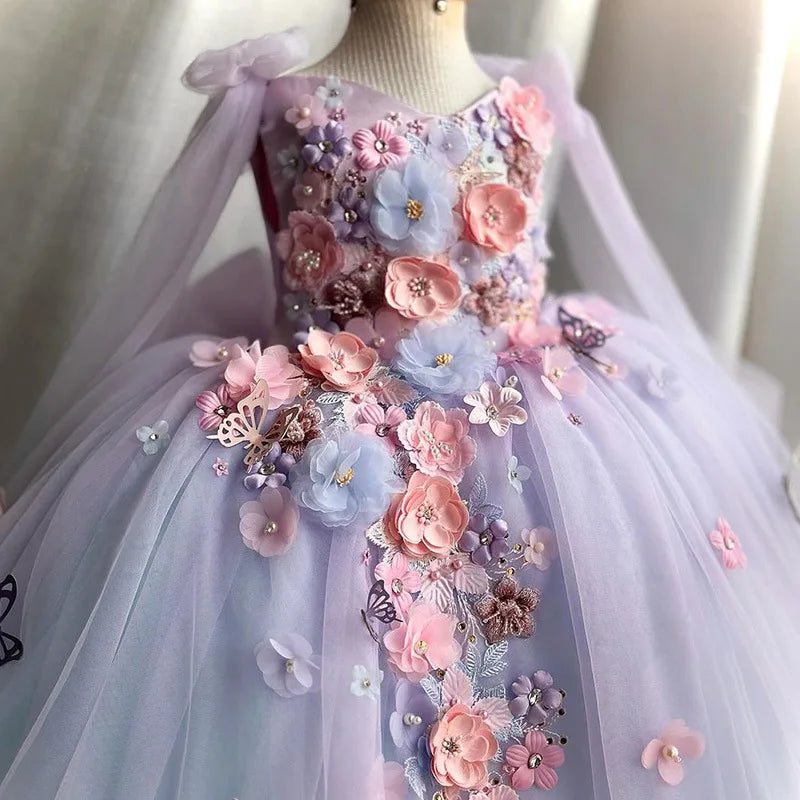 Girls Purple Tulle Dress Bow Princess Dress Kids Flower Girl Wedding Party Birthday Performance Gown