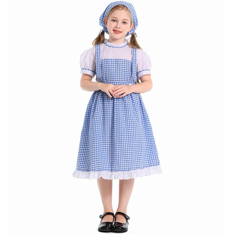 Blue Plaid Girls Dress with Headscarf Kids Gingham Maid Costume Children Fairy Tale Role Play Halloween Stage Performance Cloth