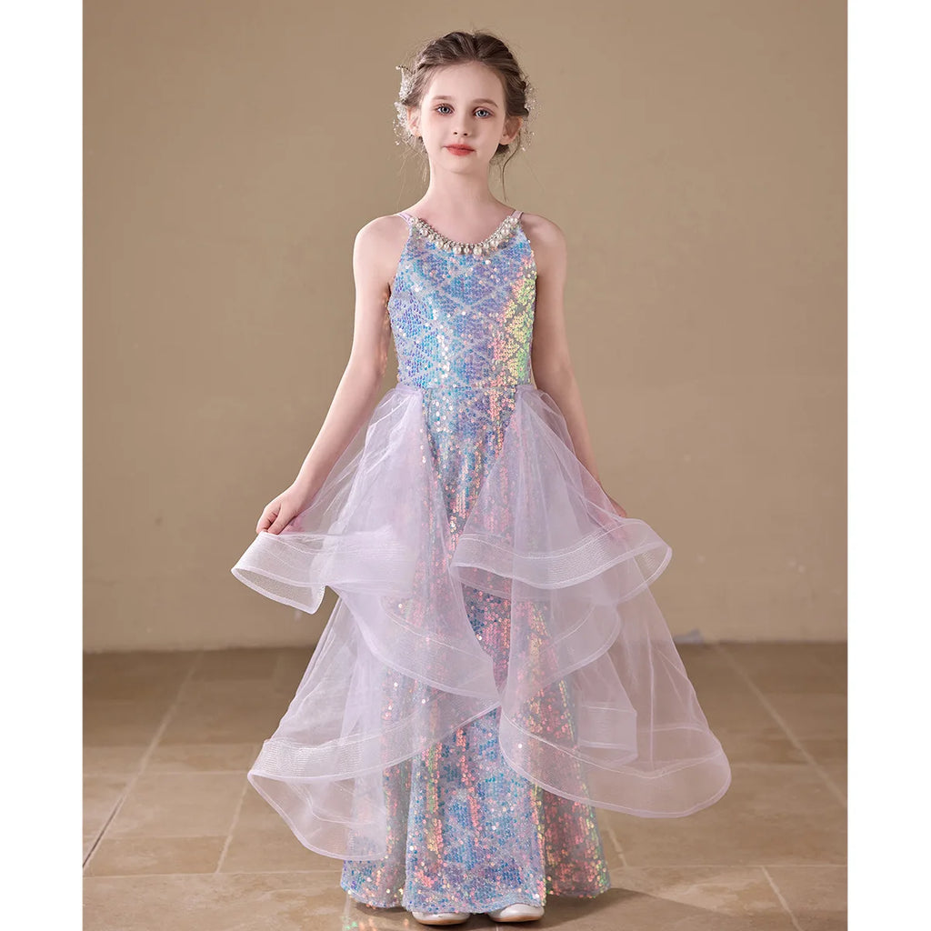 Sparkly Sequin Girls Mermaid Princess Dress Kids Luxury Birthday Party Gown Host Performance Wear for Catwalk Show Vestidos