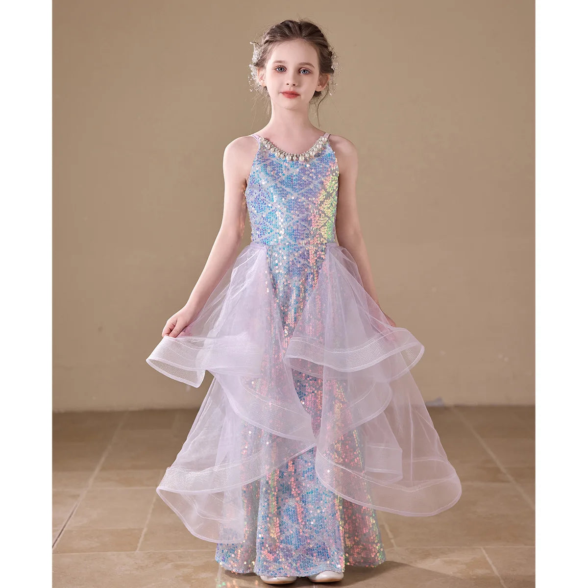 Sparkly Sequin Girls Mermaid Princess Dress Kids Luxury Birthday Party Gown Host Performance Wear for Catwalk Show Vestidos