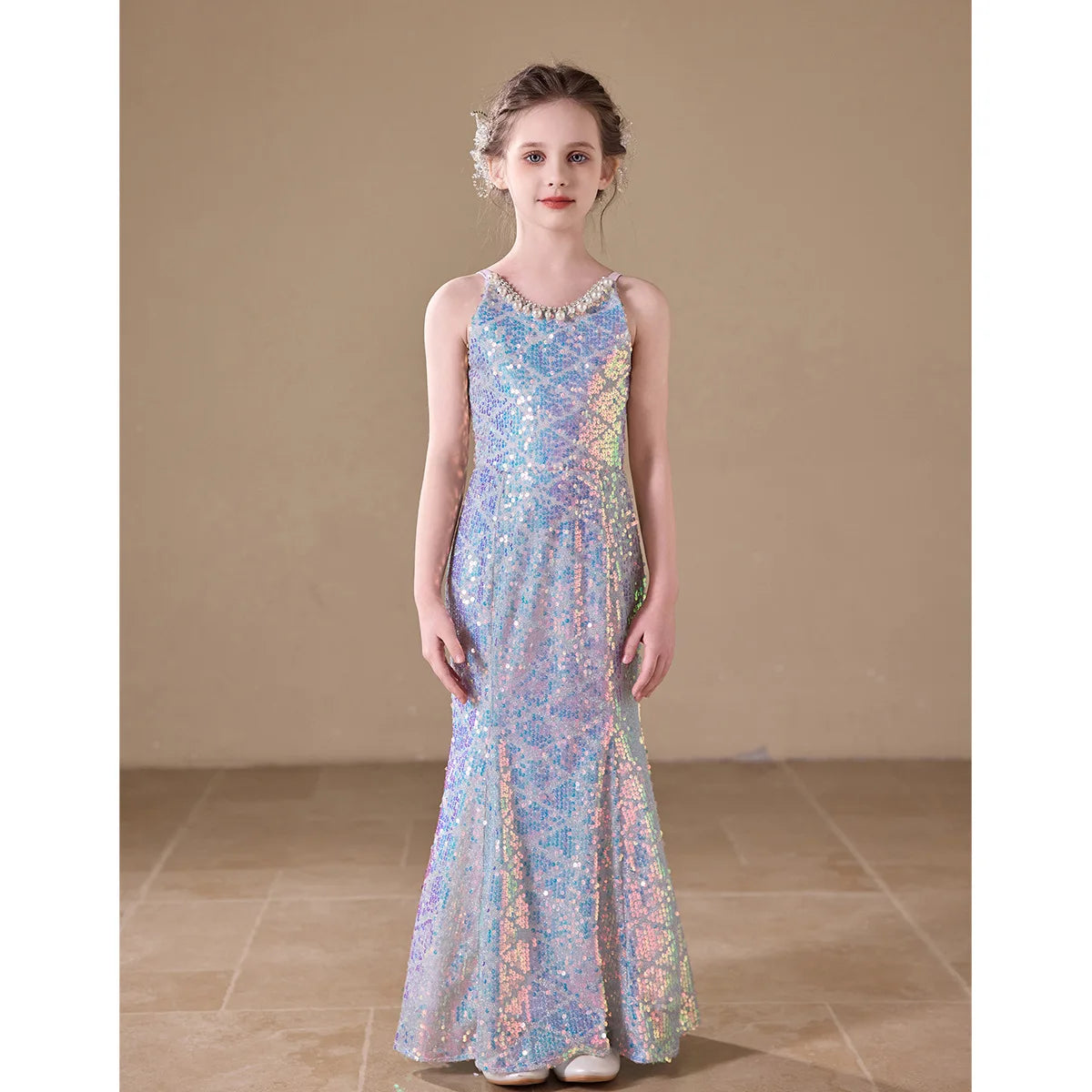 Sparkly Sequin Girls Mermaid Princess Dress Kids Luxury Birthday Party Gown Host Performance Wear for Catwalk Show Vestidos