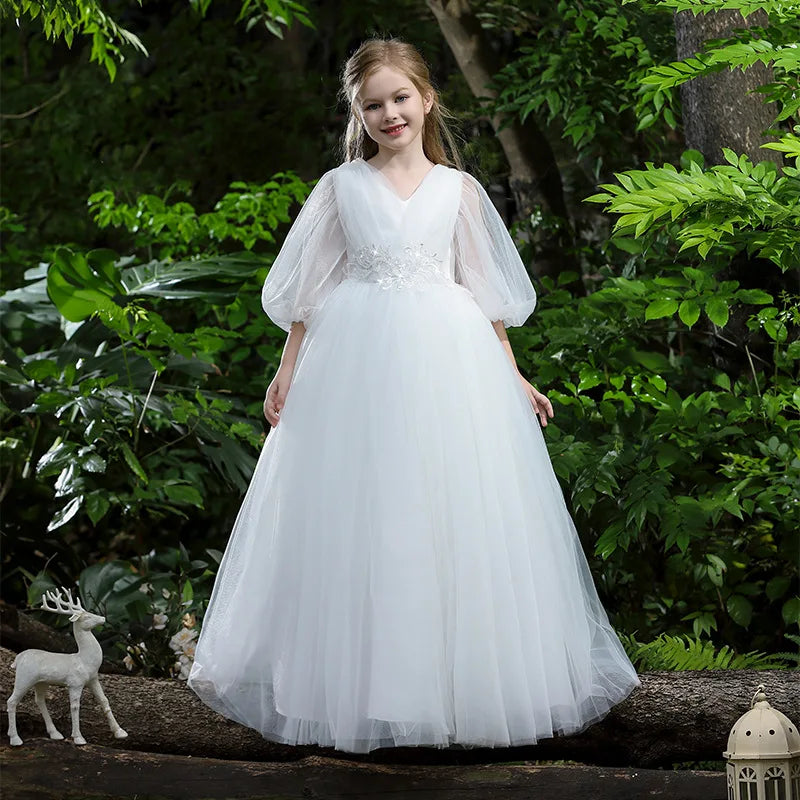 Luxury Girls Princess Dress Elegant Long Mesh Tulle Gown Big Kids Formal Party Event Dress Child Piano Performance Show Outfits