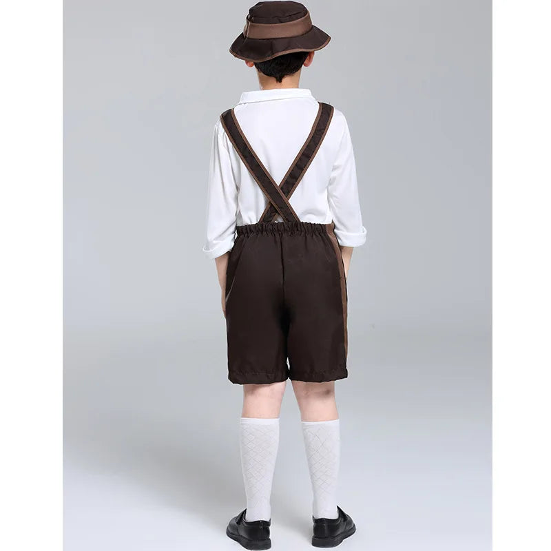 Bavarian German Oktoberfest Costume for Boys Kids Retro Alpine Boy Outfit Children Khaki Brown Suspender Pants Halloween Party