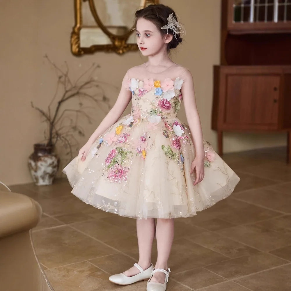 Luxury Flower Fairy Girls Princess Dress Kids Elegant Champagne Gown Children Host Piano Performance Show Dress Pageant Vestidos