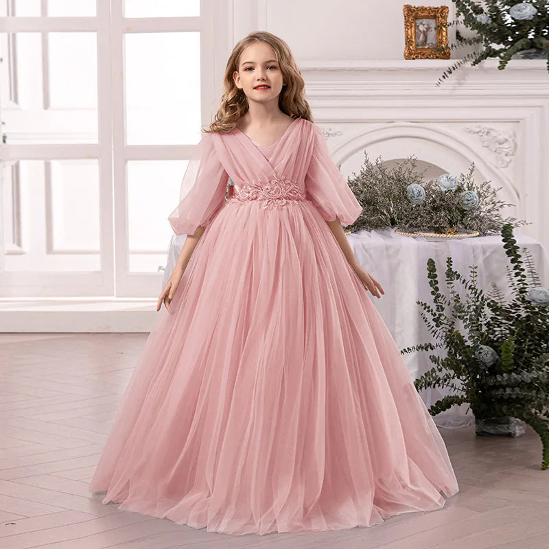 Luxury Girls Princess Dress Elegant Long Mesh Tulle Gown Big Kids Formal Party Event Dress Child Piano Performance Show Outfits