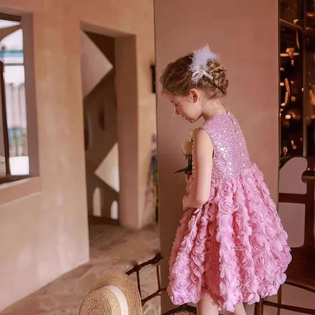 3D Rose Flower Girls Princess Dress Kids Luxury Floral Tulle Gown Toddler 1st Birthday Party Dresses Infant Performance Vestidos