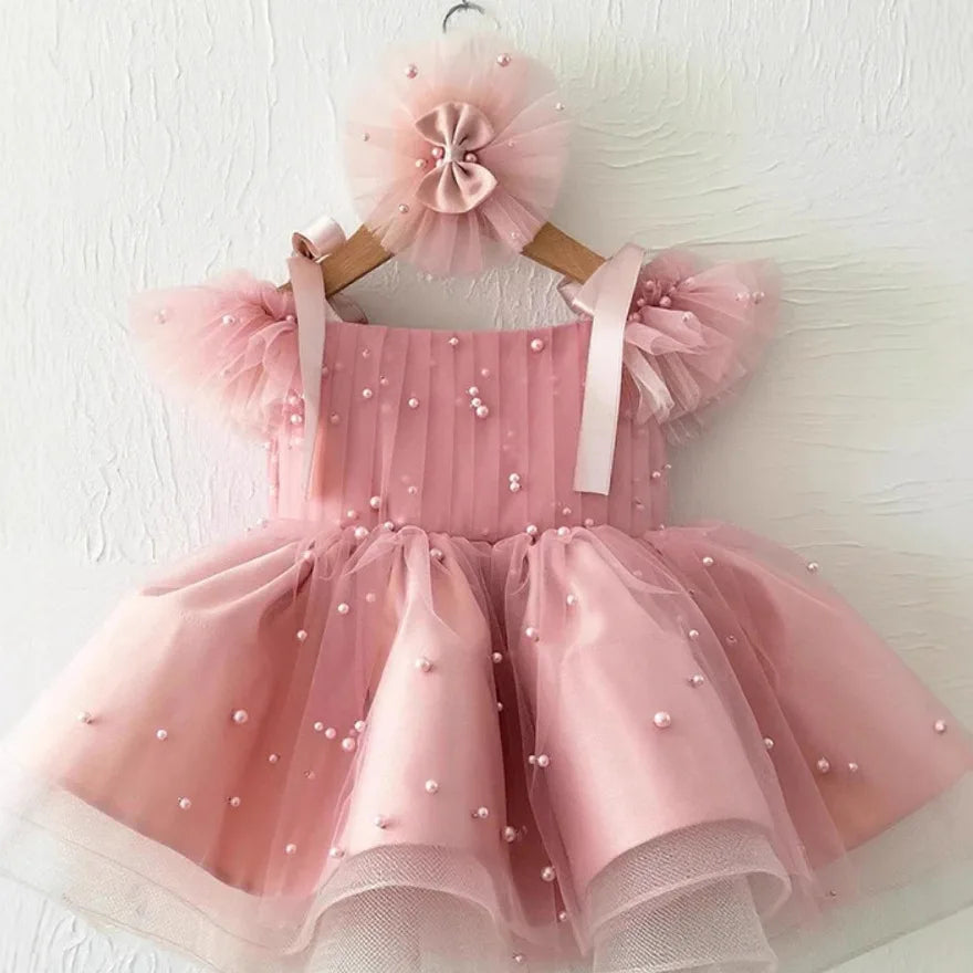 Sweet Pink Girl Princess Dress Pearl Beaded Mesh Tulle Puffy Gown Kids Luxury Sleeveless Party Dress Baby Birthday Event Outfits