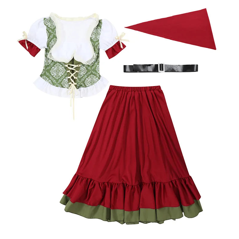 Wine Red Girl German Oktoberfest Costume Kids Bavarian 2-Piece Long Dress Children Beer Festival Dance Outfit Halloween Carnival