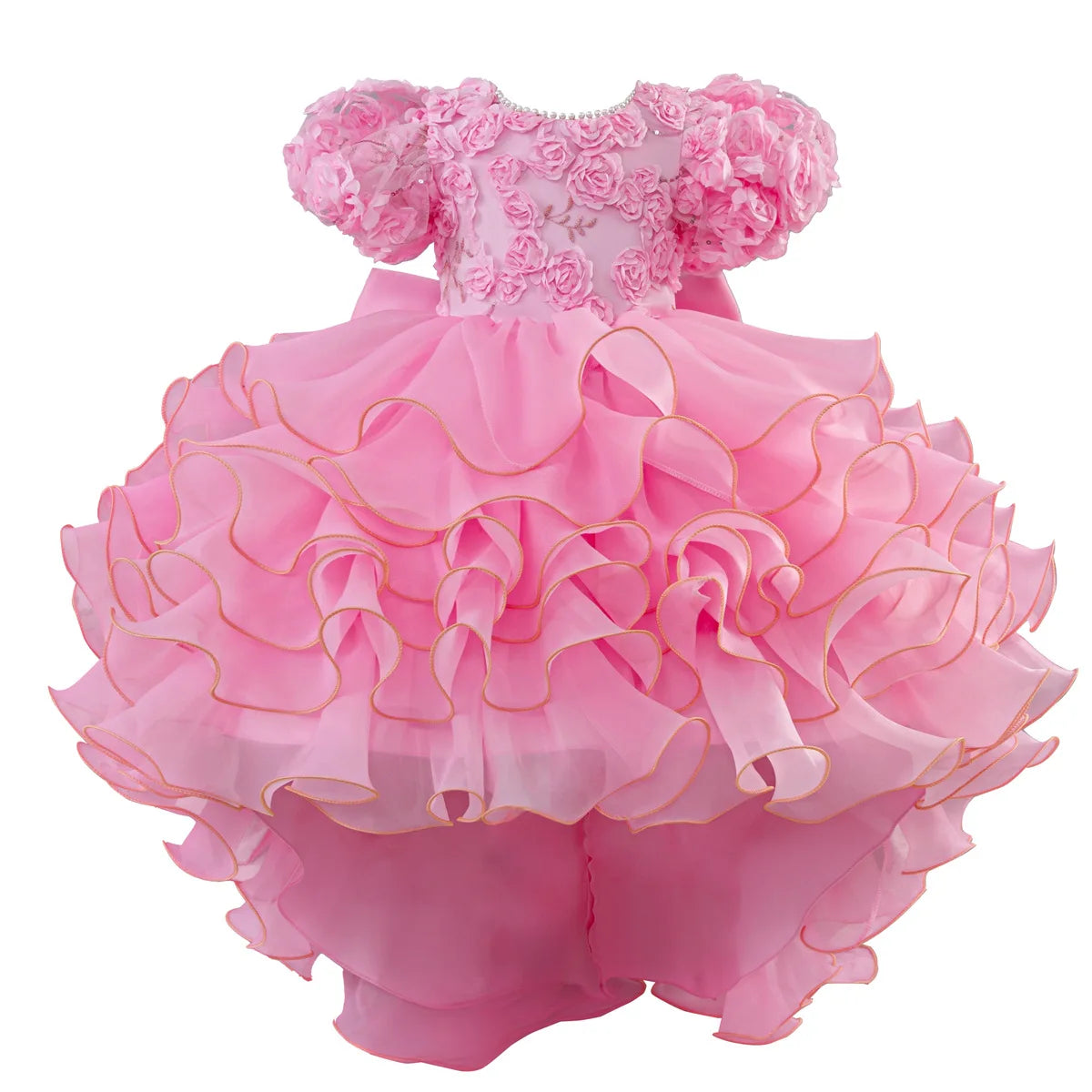 Luxury White Pink Girls Princess Gown 3D Flower Appliques Kids Puffy Tulle Dress with Long Train Children Birthday Event Outfits