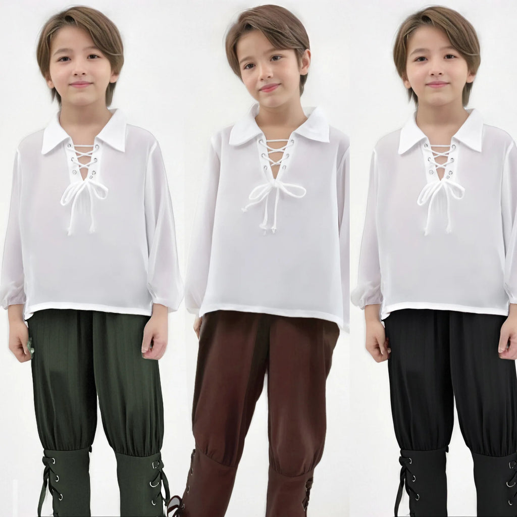 Kids Medieval Pirate Costume Set Renaissance Shirt and Cropped Pants Scottish Jacobite Outfits for Halloween Carnival Party Wear