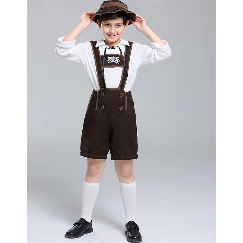 Bavarian German Oktoberfest Costume for Boys Kids Retro Alpine Boy Outfit Children Khaki Brown Suspender Pants Halloween Party