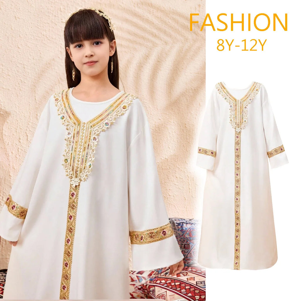 Elegant Lace Girls Princess Dress Long Sleeve Kids Gold Trim Gown Children Loose Kaftan Dress for Spring Autumn Party Vestidos