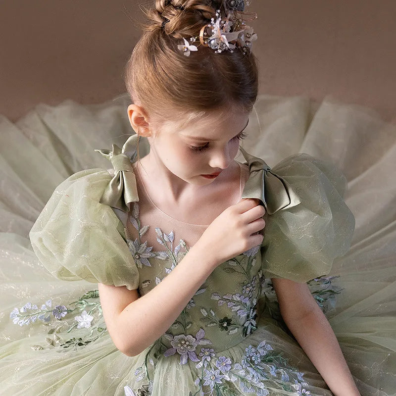 Luxury Forest Style Girls Princess Dress Elegant Mesh Tulle Gown High-end Formal Party Event Dress Children Piano Performance