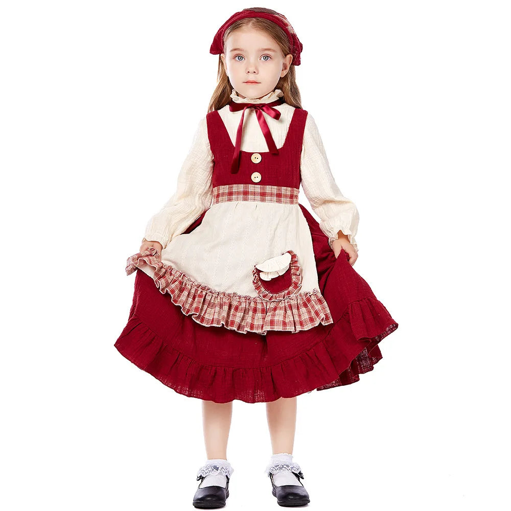 Red Little Match Girl Costume Kids Retro Lolita Maid Dress Children Fairy Tale Role Play Halloween Christmas Stage Performance