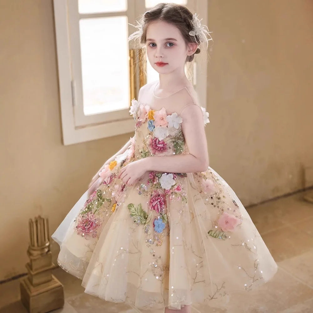 Luxury Flower Fairy Girls Princess Dress Kids Elegant Champagne Gown Children Host Piano Performance Show Dress Pageant Vestidos