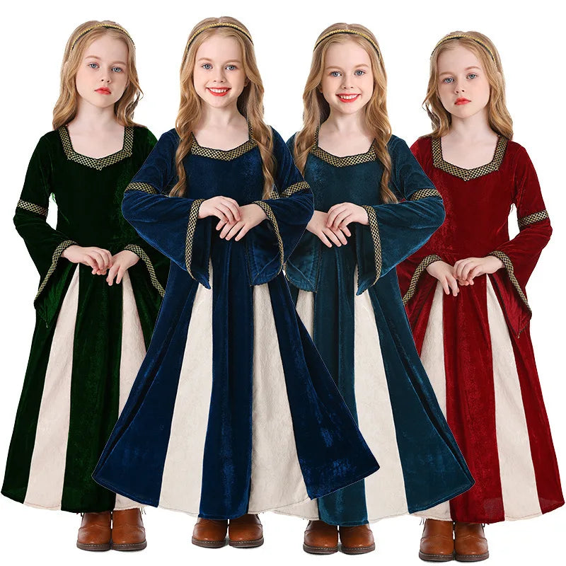 Renaissance Medieval Girls Costume Kids Victorian Royal Court Dress Children Vintage Flare Sleeve Gown Stage Performance Outfits