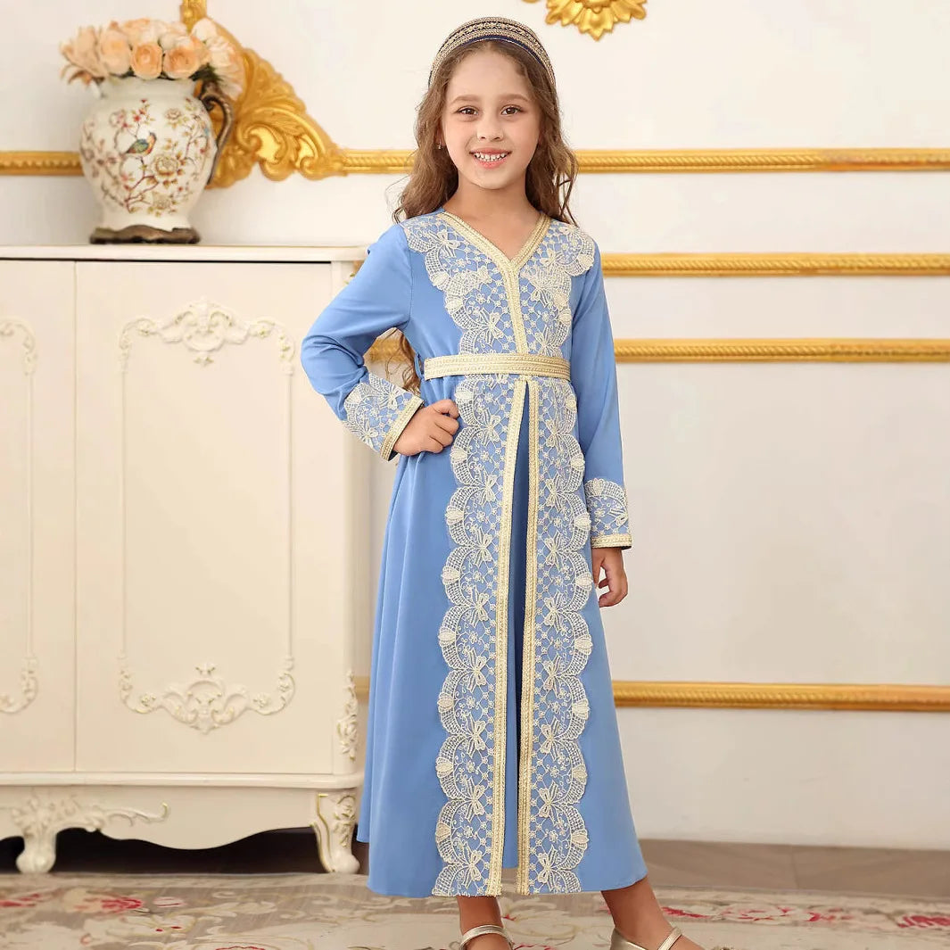 Turkish Style Girls Princess Dress Elegant Lace Trim Gown Kids Luxury Kaftan Dress Child Birthday Party Event Outfits Vestidos