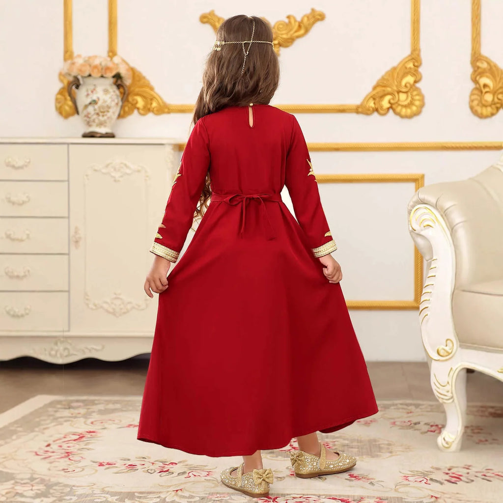 Elegant Embroidered Girls Princess Dress with Belt Long Sleeve Kids Lace Trim Gown Children Formal Party Event Dress Vestidos