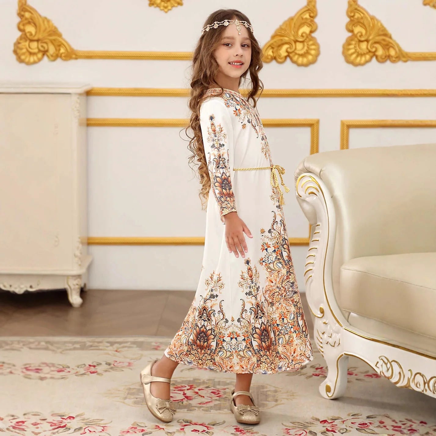 Ethnic Style Floral Print Girls Princess Dress Kids Elegant Long Gown Children Fashion Birthday Party Dress Summer Wear Vestidos