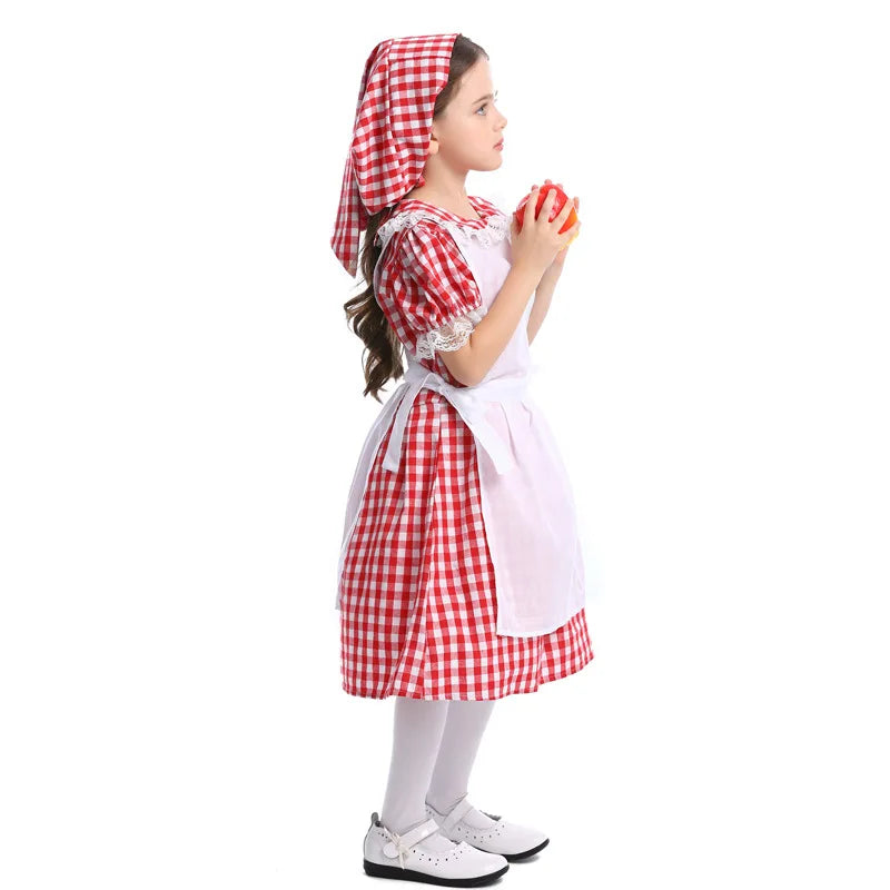 Retro American Farmhouse Girls Dress Kids Red Plaid Gingham Maid Costume Children Fairy Tale Role Play Halloween Party Outfits