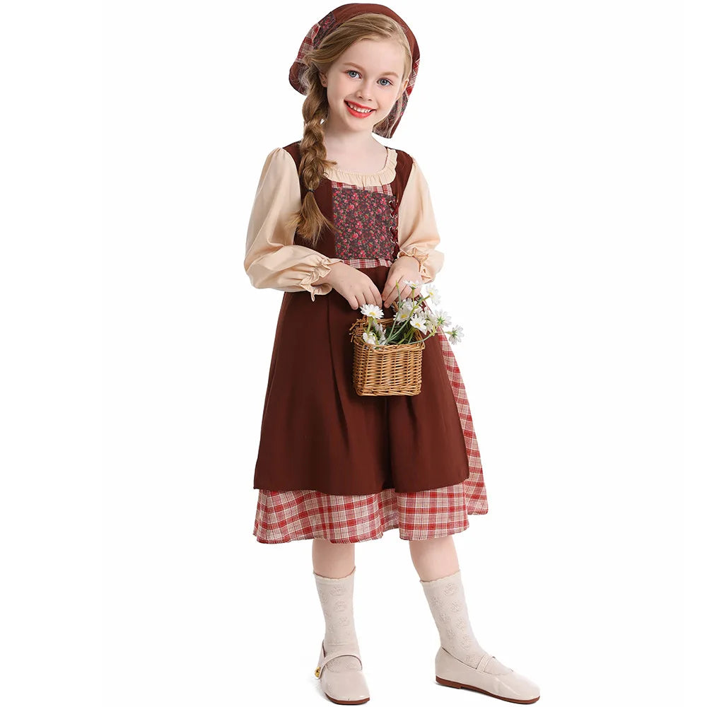 Auburn Little Match Girl Costume Kids Retro European Peasant Dress Children Russet Maid Outfit Stage Performance Halloween Wear