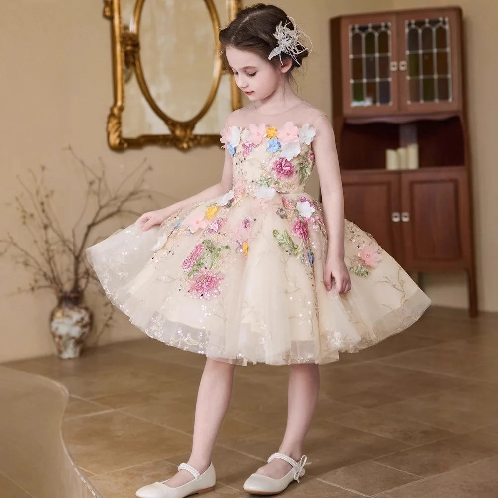 Luxury Flower Fairy Girls Princess Dress Kids Elegant Champagne Gown Children Host Piano Performance Show Dress Pageant Vestidos