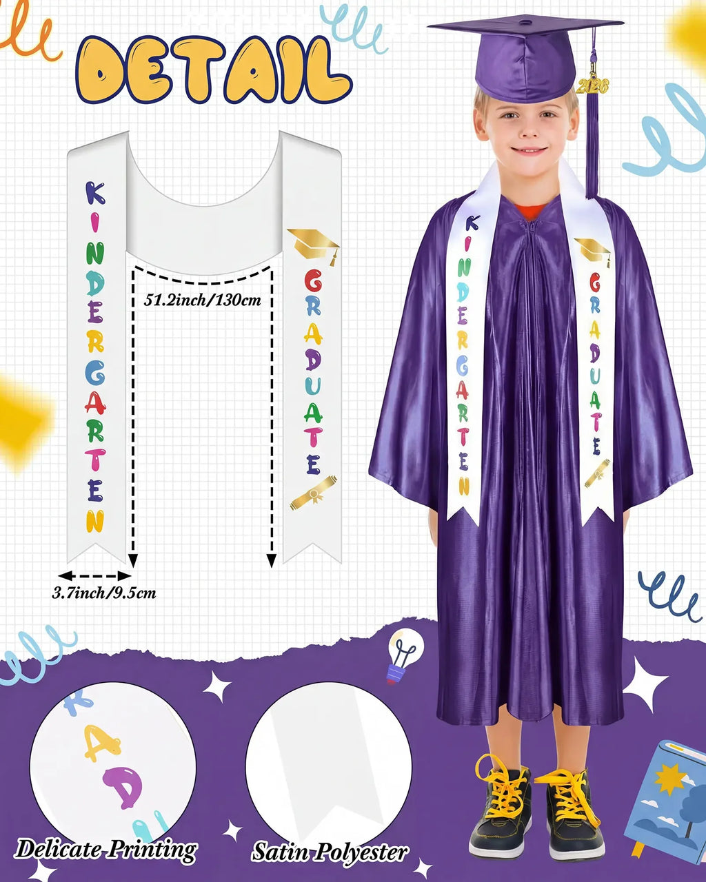 Kindergarten Graduation Cap and Gown Set for Class of 2026 Photoshoot, Satin Blink Gown