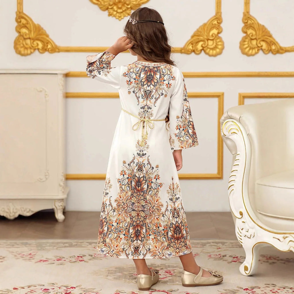 Ethnic Style Floral Print Girls Princess Dress Kids Elegant Long Gown Children Fashion Birthday Party Dress Summer Wear Vestidos
