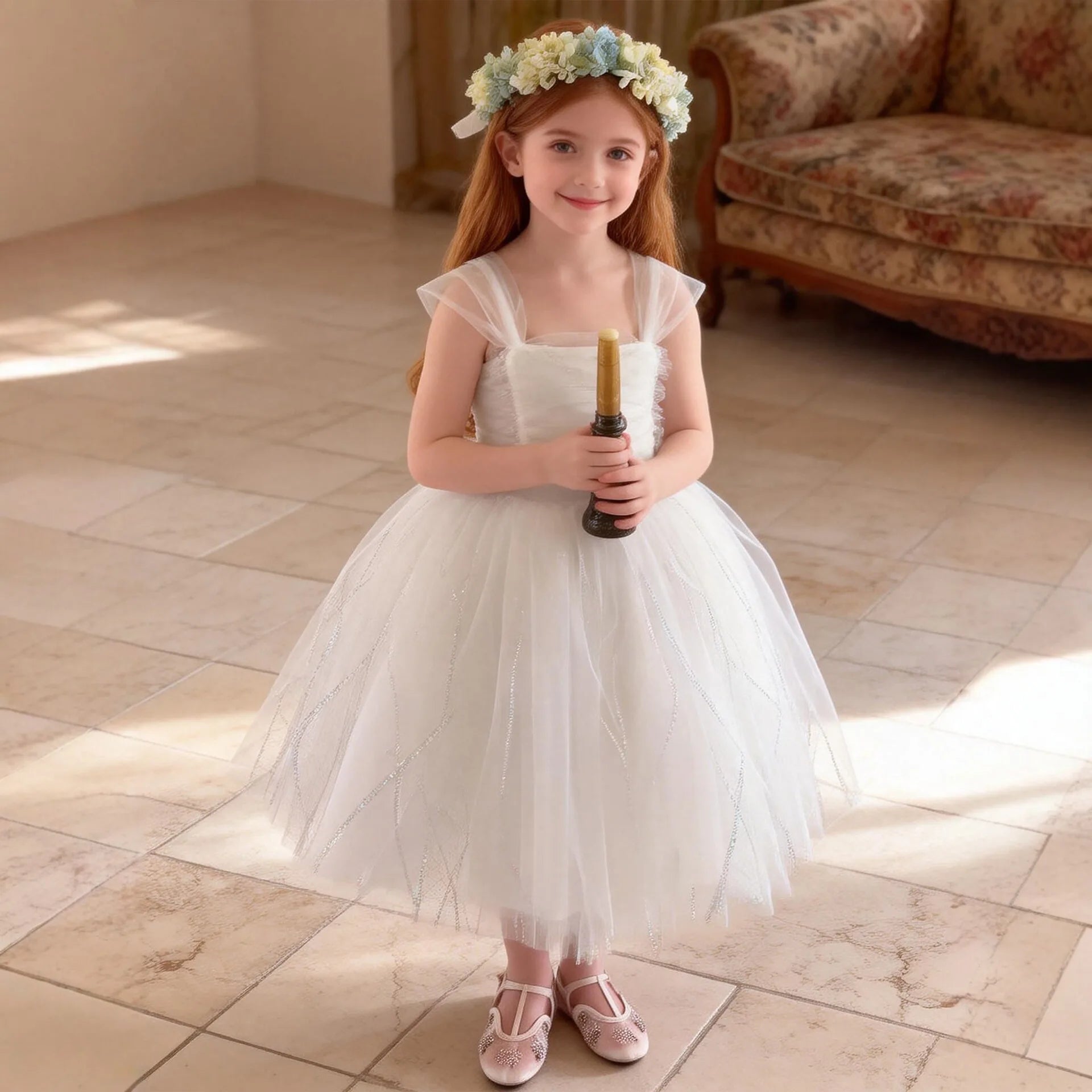 Luxury White Flower Girl Dress for Wedding Kids Elegant Princess Gown Child Puffy Tulle Birthday Party Outfits Toddler Vestidos