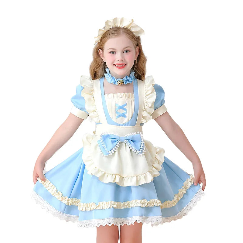 Traditional Colonial Girl Costume Kids Maid Apron Dress Children Vintage Prairie Style Outfits Stage Performance Halloween Party