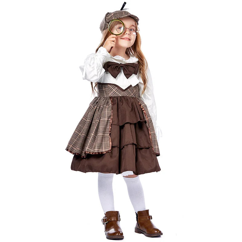 British Detective Costume for Girls Kids Sherlock Holmes Cosplay Outfit Children Retro Plaid Cape Hat Set Halloween Party Wear