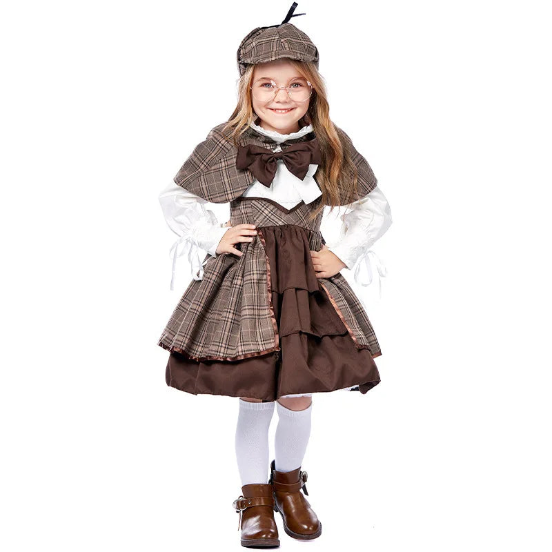 British Detective Costume for Girls Kids Sherlock Holmes Cosplay Outfit Children Retro Plaid Cape Hat Set Halloween Party Wear