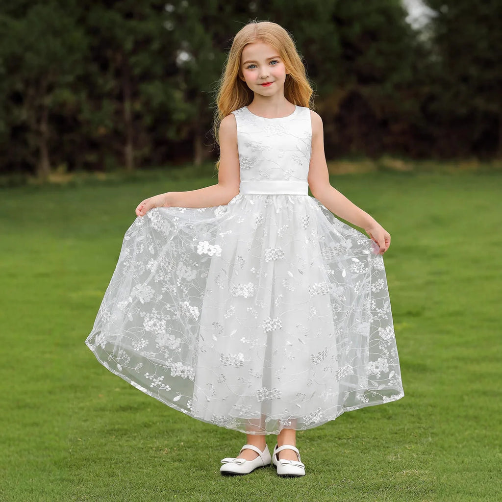 Elegant Lace White Girls Princess Dress Flower Girl Wedding Gown Kids Long Tulle Mesh Dress Child First Communion Party Vestidos